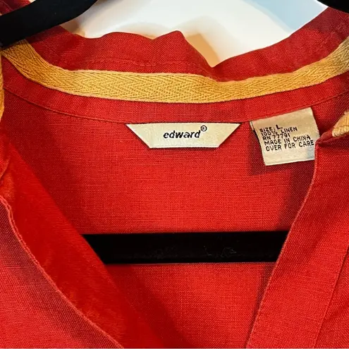 Edward Red 100% Linen Button Up Shirt Sz L 3/4 Sleeve Back Slit Jacket Blouse Size L