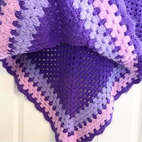 None Granny Square Crochet Purple Poncho One Size Pom Poms Grannycore