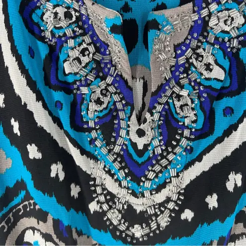 INC Teal Blue Black Sheer Mesh Geometric Print Beaded 3/4 Sleeve Top Size S