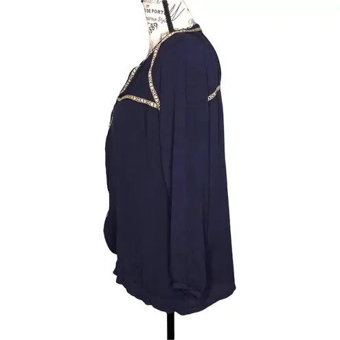 Andree Blue MEDIUM Split Neck Boho Patterned Contrast Trim Long Sleeve Blouse