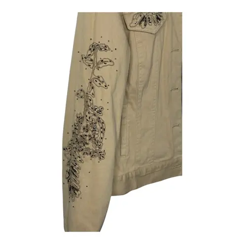 Vintage Nancy Bolen Denim Jacket Large Embellished Beaded Women Size Large Tan