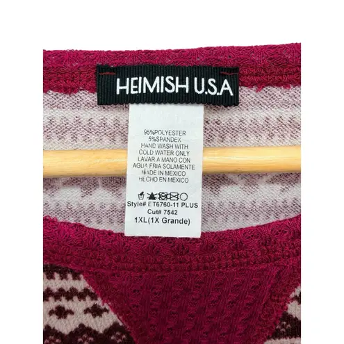 Heimish USA Fair Isle Thermal Top 1X Burgundy Pink Long Sleeve Knit Shirt NWOT Red