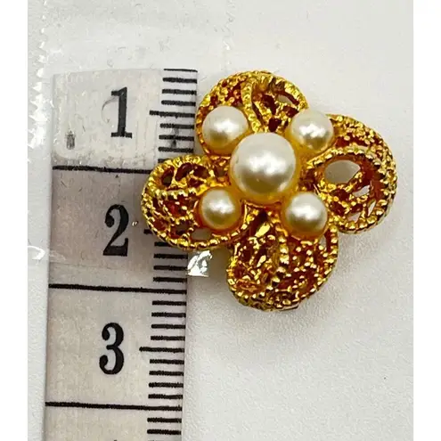 Vintage Gold Tone Faux Pearl Filigree Floral Statement Earrings Clip On Glam