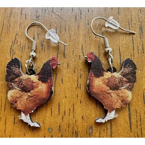 Rooster Earrings Chicken Farm Animal Eggs Pet New Hens Farmer Foul Chick Brown