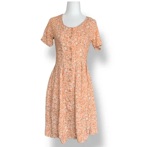 Vintage 90s Peach Floral Mini Dress Rayon Button Front Short Sleeve Scoopneck Orange