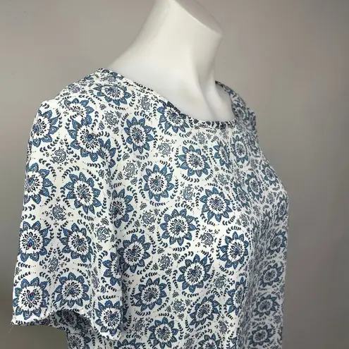 Premise  White Blue Paisley Floral Print Crew neck Short Sleeve Blouse Top Size L