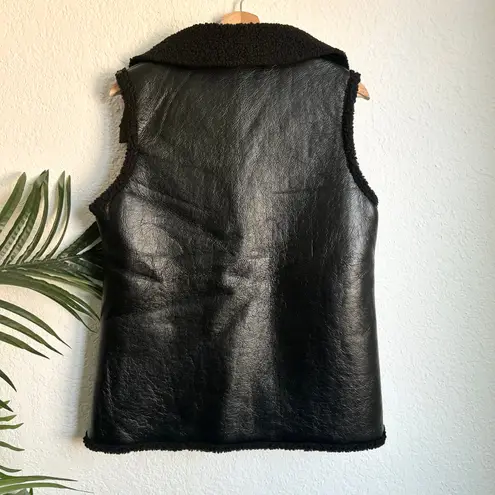 Black Faux Leather Shearling Lined Vest S