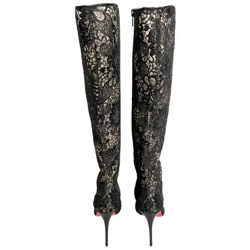 Christian Louboutin  Tennissima 100 Black Guipure Lace Mesh Tall Knee High Boots