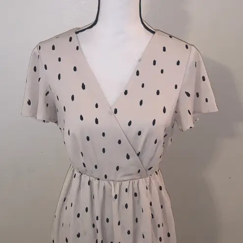 Polagram beige with black Polka dots Wrap Dress V-neck Midi