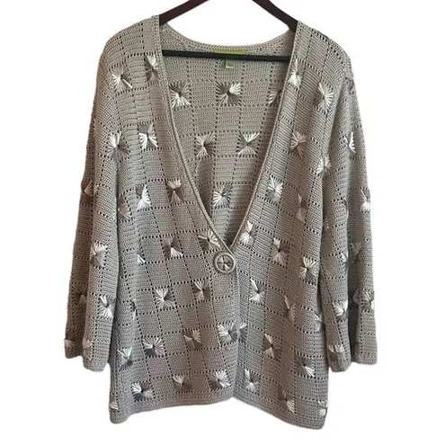 Sigrid Olsen  Women Cardigan Sweater Open Knit Embroidered Details L Tan Neutral