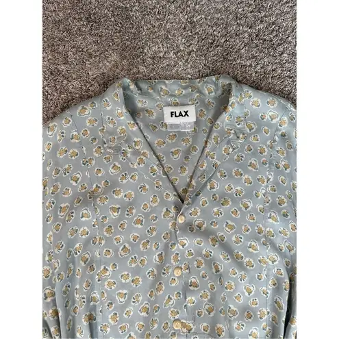 Flax Oversized Button Up Blouse Sheer Rayon Floral Pattern Tunic Blue Women’s M