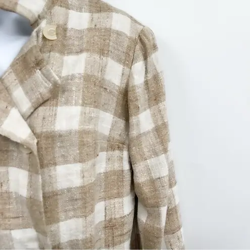 Vintage Tweed Double Breasted Plaid Gingham Jacket Coat Peacoat Trench Long Tan Size M