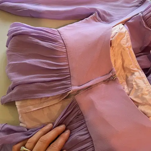 None Vintage Handmade 70s Purple Multi Tiered Pleated Sheer Sleeve Square Neck Dress