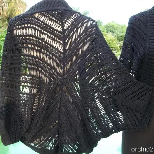 Cache  Black Open Knit Jacket Top Shrug Banded Bottom Trim New Stretch $108 NWT