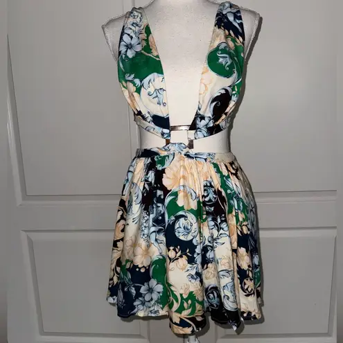 Agua Bendita Aqua Bendita Gillian Cardumen Floral Print Plunge Neck Cut Out Mini Dress Size S