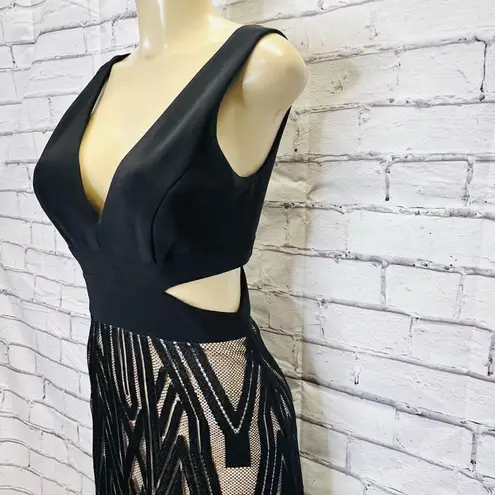 XScape  Womens Black Sleeveless Geometric Plunging Fit & Flare Dress Size 8