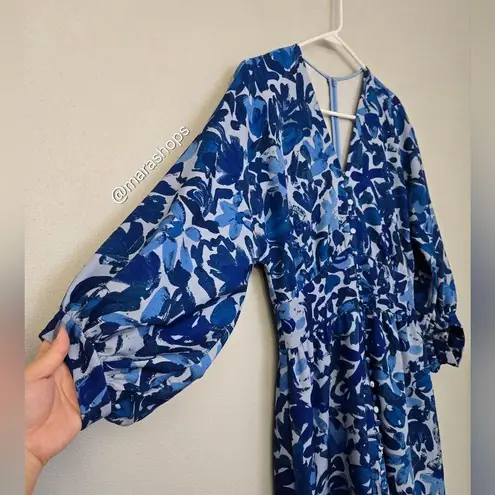 Lela Rose Tulip Crepe Floral Midi Dress Blue Size 8