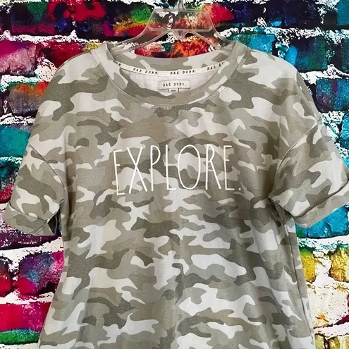 Rae Dunn  “Explore” Camo Short Sleeve Heavy Weight Tee Size medium