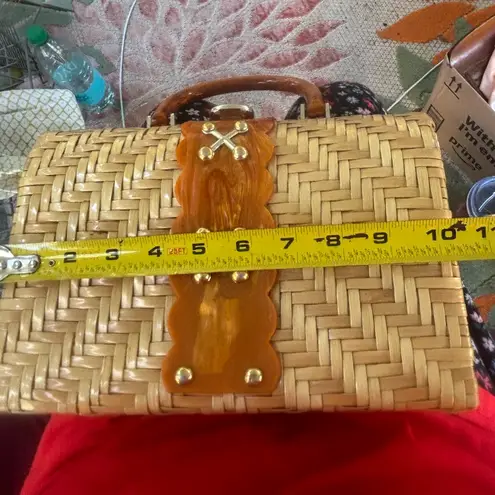 Vintage Woven Purse Bag Amber Lucite and Gold Tone Made in British Hong Kong