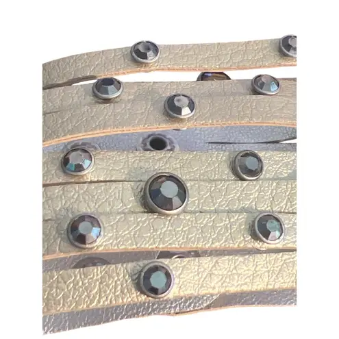 Gold Tone Metallic Vegan Leather Multi Strap Cuff Bracelet Rhinestones Snaps 7"