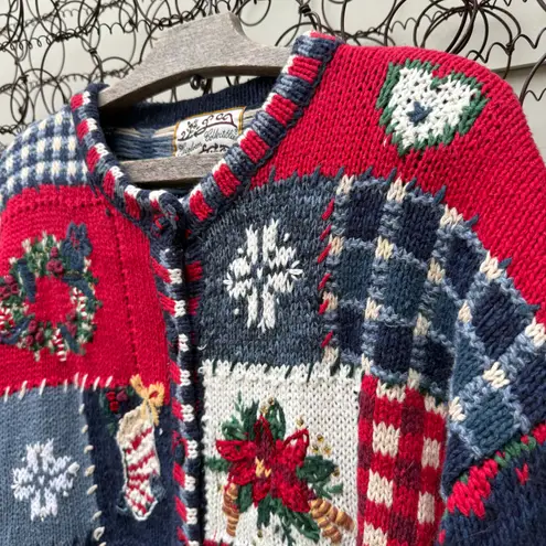 VTG Y2K Heirloom Collectives Mixed Media Patchwork Fair Isle Christmas Cardigan Red Size M