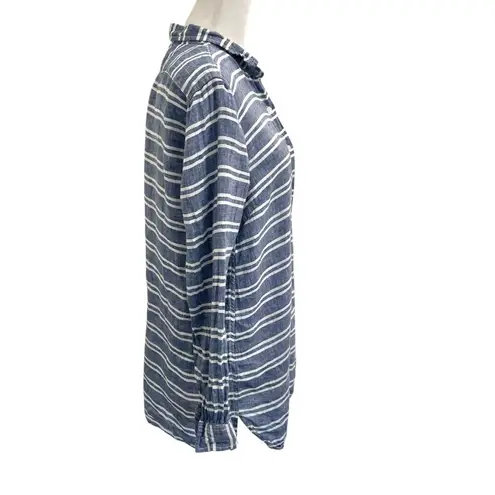 Garnet Hill 100% Linen Stripe Button Down Shirt Tunic Nautical Blue Petite Small