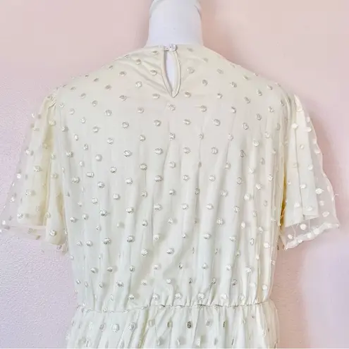 Polagram Cream Yellow Polkadot Embroidered Floral Tulle Short Sleeve Dress.