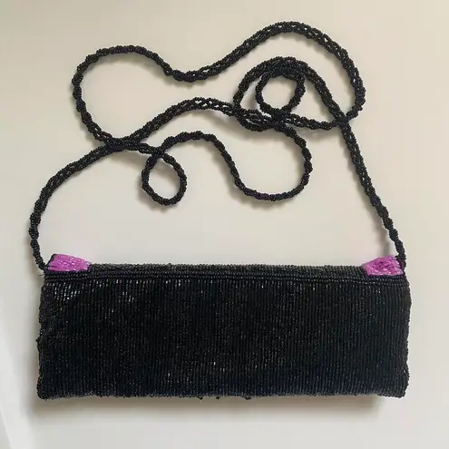 Vintage black beaded bag with pink, blue, and green ruffle trim - Image 2