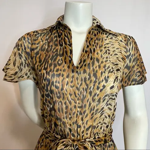 Vintage Sheer Leopard Print Dress Flutter Sleeves Animal Jungle 80s Collar Midi Size XS