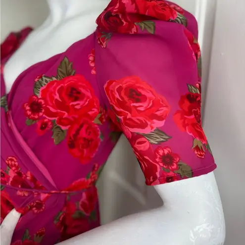 LPA Araceli Floral Puff Sleeve Wrap Mini Dress In Pink Size SMALL. B40