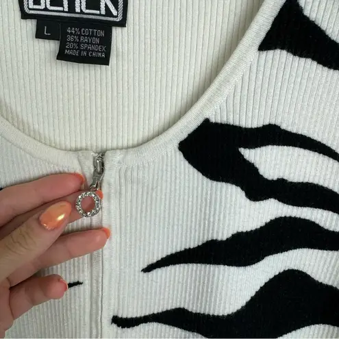 Vtg Y2K Zebra Stripe Ribbed Top Sz Large Quarter Zip Sleeveless Tank Black