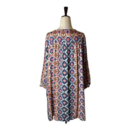 Glam Dress Women Medium Orange Blue Aztec Print V Neckline Long Sleeve Mini