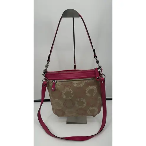 Coach  Medium Signature Shoulder Handbag Beige With Hot Pink‎ Leather Trim
