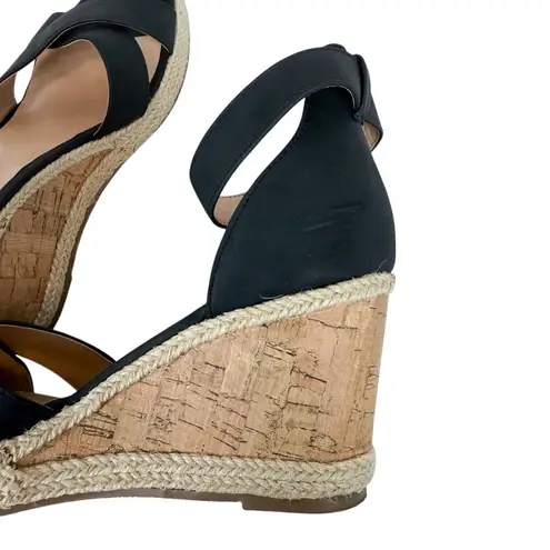 Journee Collection Telyn Espadrille Wedge Sandals Black Faux Leather Size 6.5