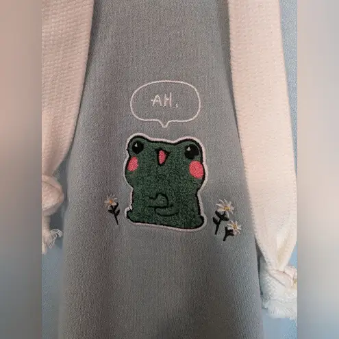 Fuwaffy Artist Frog Embroidered Oversized Fleece Hoodie Large Blue