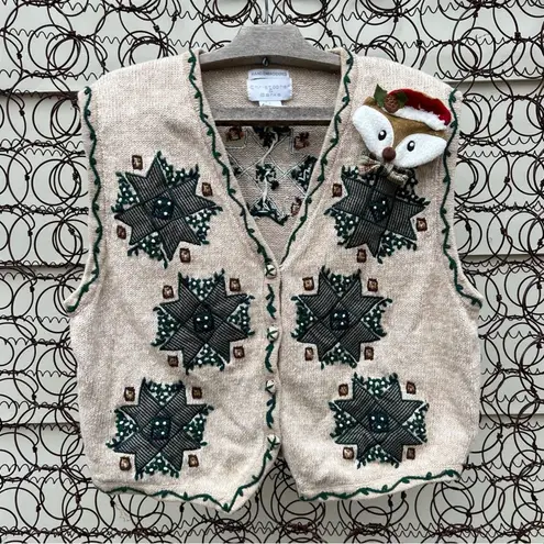 90s Christmas Americana poinsettia fair isle quilt square snowflake sweater vest Size L