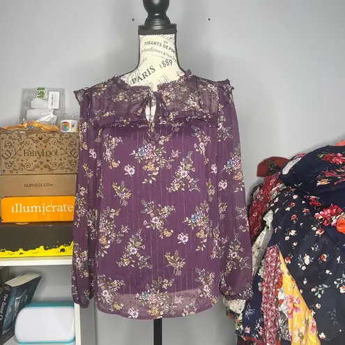 Fortune + Ivy PETITE SMALL Metallic Ruffle Tie Neck Sheer Arm Long Sleeve Blouse