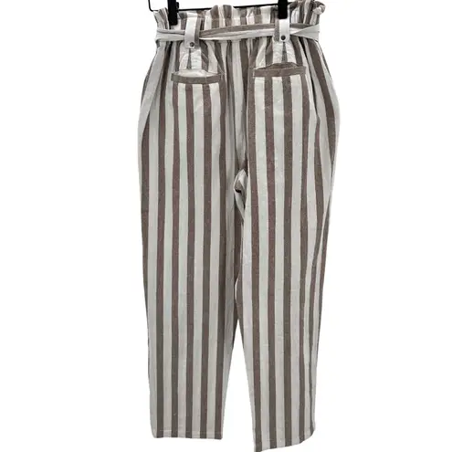 Women's Striped Paperbag Waist Blend Pants Medium Neutral Minimalist Brown