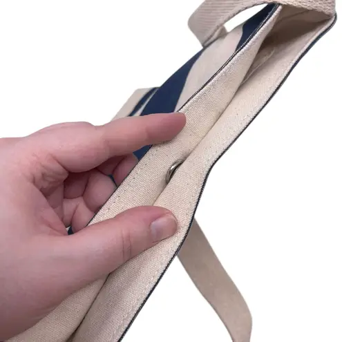 Dansko Cream & Navy Blue Striped Canvas Crossbody Bag Purse Snap Button Nautical