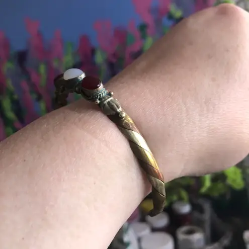 Ruby Vintage handcrafted genuine and opalite cabochon stone twist metal bracelet