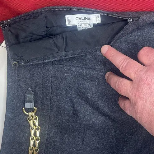 CELINE Paris Pencil Skirt Womens Size 48 US 16 Gray 100% Wool Gold Chain Sid Zip