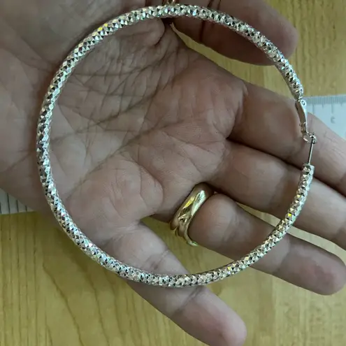 Boutique Silver Tone Diamond Cut Round 3.5 inch Statement Hoops