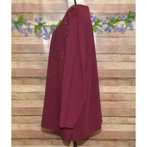Quacker Factory Womens Plus 3X Maroon Sequin Tunic Thin Knit Shirt Party Holiday