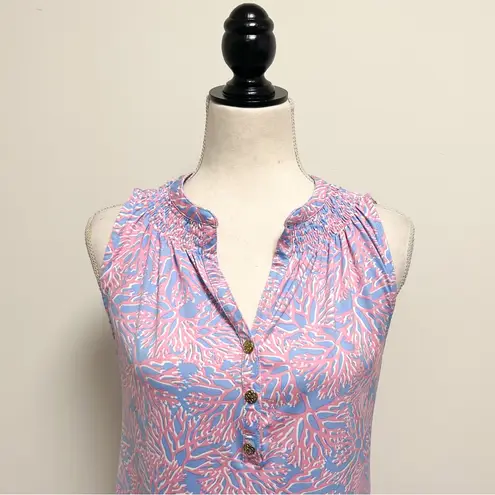 La Mer Luxe Pink White Periwinkle Coral Sleeveless V Neck Buttons Top Small