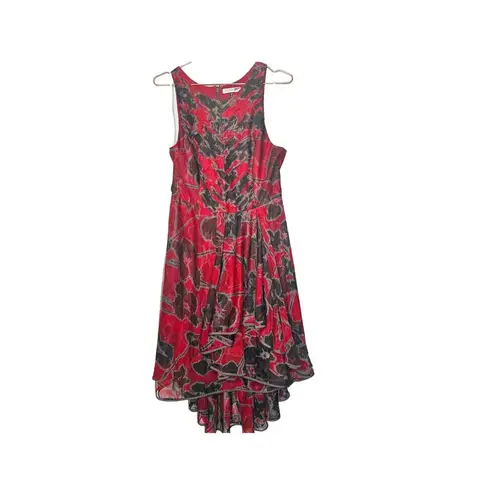 HALSTON Black Red Cherry Floral Print Sheer Sleeveless Tulle Full Skirt Dress 10