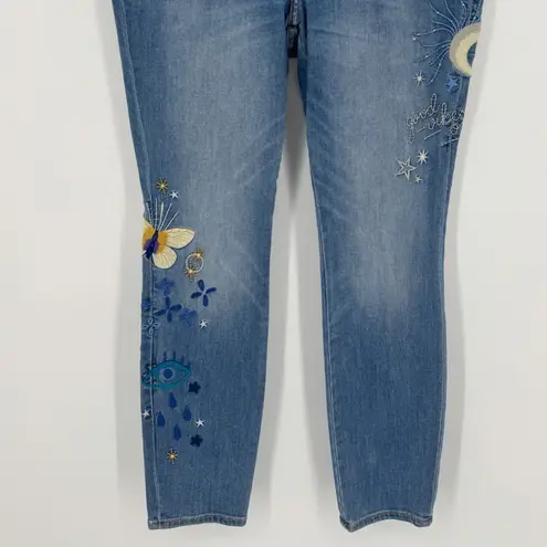 Johnny Was Good Vibes Skinny Jeans Size 32 Blue Embroidered Celestial Boho Artsy