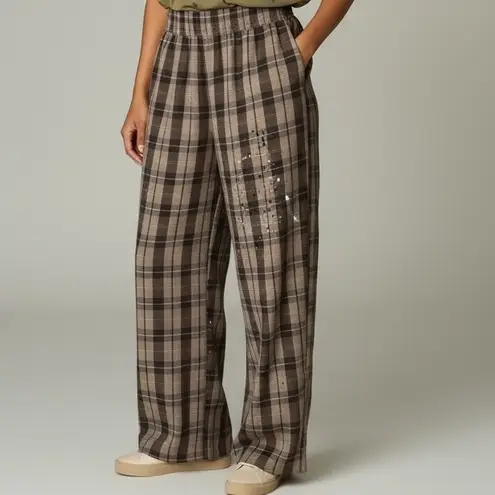 Oli & Hali Women's Plaid Distressed Button Up Shirt & Wide Leg Pants Set S Brown