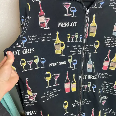 Jess & Jane Size Large Full Zip Collared Sweatshirt Black Wine Print Rhinestone