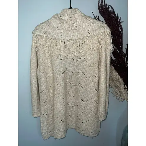 cupio  size XL beige fringed open front cardigan long boho knit sweater EUC