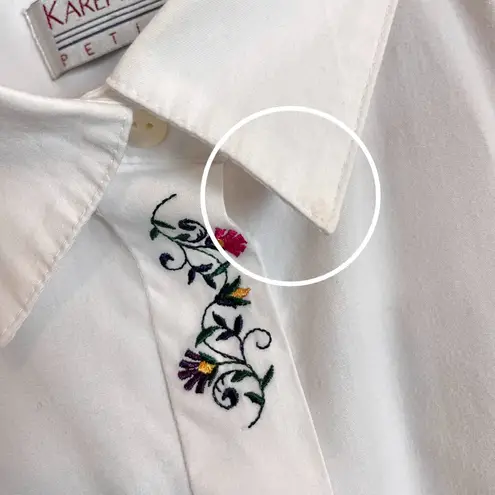 Vintage Floral Embroidered Shirt Long Sleeve Women White Size 14 Petite Blouse White